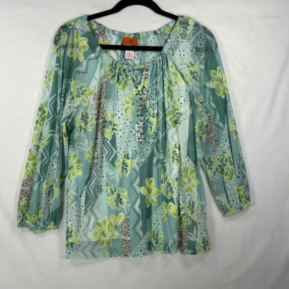 Hearts of Palm Teal Green Floral Blouse Large Mesh Beaded Top Boho